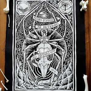 Sew-on Back-Patch ~ SOMNIA arcane, medieval woodblock design ~ Punk fashion, Hand printed lightweight cotton ~ White, Red or Gold versions