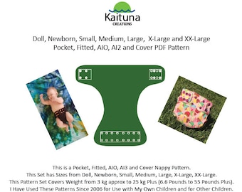 Multi sizes nappy pattern, 7 sizes in pattern set, PDF multi nappy Pattern Set, Kaituna Creations.  Fitted, Pocket, AIO, AI2, Cover Options