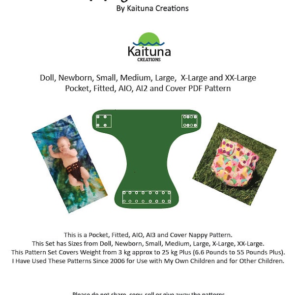 Multi sizes nappy pattern, 7 sizes in pattern set, PDF multi nappy Pattern Set, Kaituna Creations.  Fitted, Pocket, AIO, AI2, Cover Options