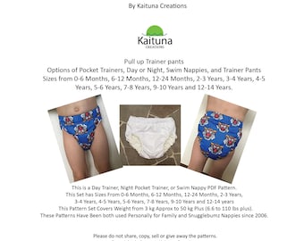 Multi sizes pull ups pattern, 10 sizes in pattern set, PDF multi pull up Pattern Set, Kaituna Creations, Day trainer, Pocket trainer, swim,