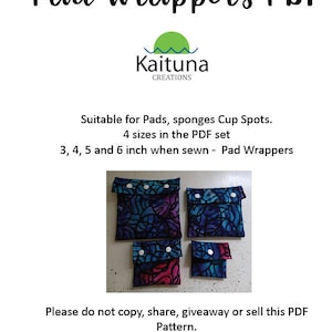 Puede incluir: Un patrón PDF para hacer cuatro tamaños de envoltorios para compresas, que van de 3 a 6 pulgadas cuando se cosen. El patrón incluye instrucciones para hacer los envoltorios, que se pueden usar para compresas, esponjas o manchas de copa. La imagen muestra cuatro ejemplos de envoltorios para compresas terminados, hechos en diferentes telas con un esquema de color azul y morado.