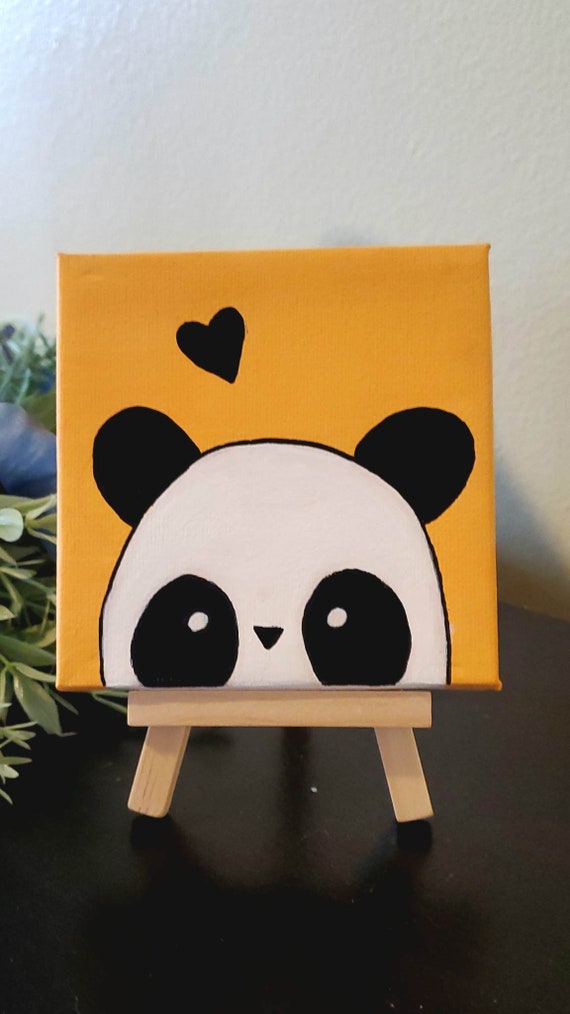 Cute Panda Small Canvas with Easel Hand Painted Small Painting Tiny  Canvas 4x4, 2x2 Homemade Painting