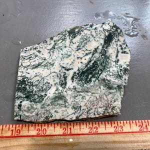 May include: A rough-cut stone slab with a marbled pattern of white and dark green. The stone is irregularly shaped and measures approximately 7 inches long. The stone is placed on a gray surface next to a wooden ruler.