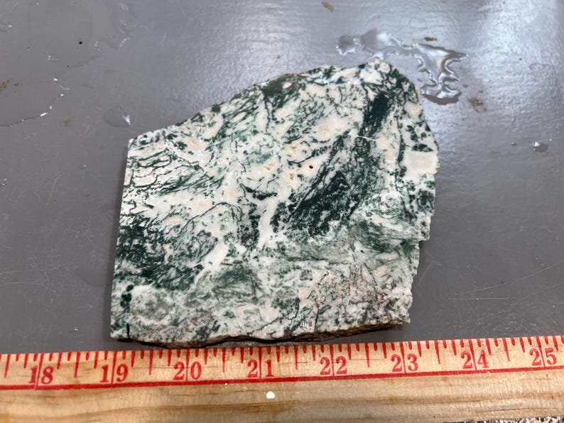 May include: A rough-cut stone slab with a marbled pattern of white and dark green. The stone is irregularly shaped and measures approximately 7 inches long. The stone is placed on a gray surface next to a wooden ruler.