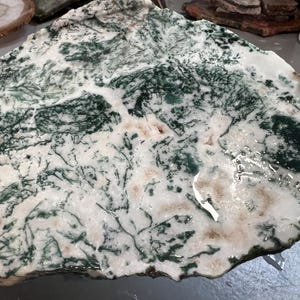 May include: A polished slab of moss agate, showcasing a natural pattern of green, white, and tan hues. The stone's surface is smooth and reflective, with intricate, branching inclusions resembling moss. The irregular shape and polished finish highlight its natural beauty.