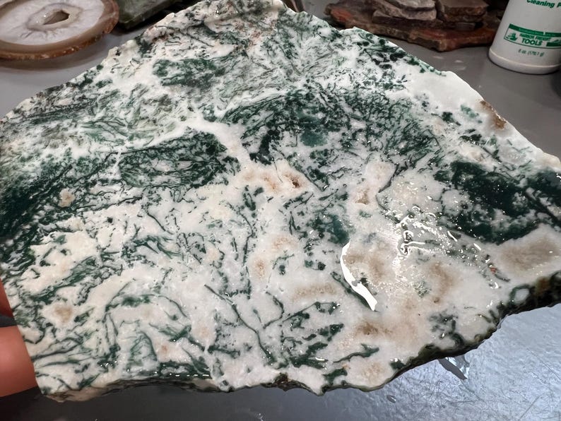 May include: A polished slab of moss agate, showcasing a natural pattern of green, white, and tan hues. The stone's surface is smooth and reflective, with intricate, branching inclusions resembling moss. The irregular shape and polished finish highlight its natural beauty.