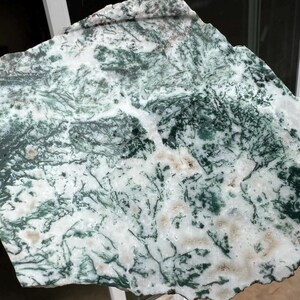 May include: A piece of raw, natural stone with a unique pattern. The stone features a mix of white, green, and brown colors, with intricate, vein-like patterns throughout. The stone is held in a hand.