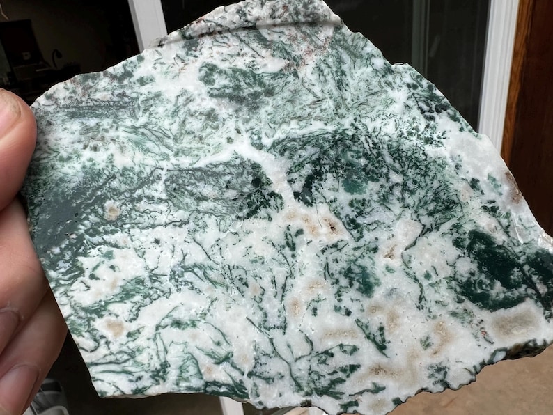 May include: A piece of raw, natural stone with a unique pattern. The stone features a mix of white, green, and brown colors, with intricate, vein-like patterns throughout. The stone is held in a hand.
