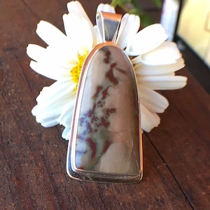 May include: A silver pendant with a brown, white, and red agate stone. The stone has a unique pattern of swirls and veins.