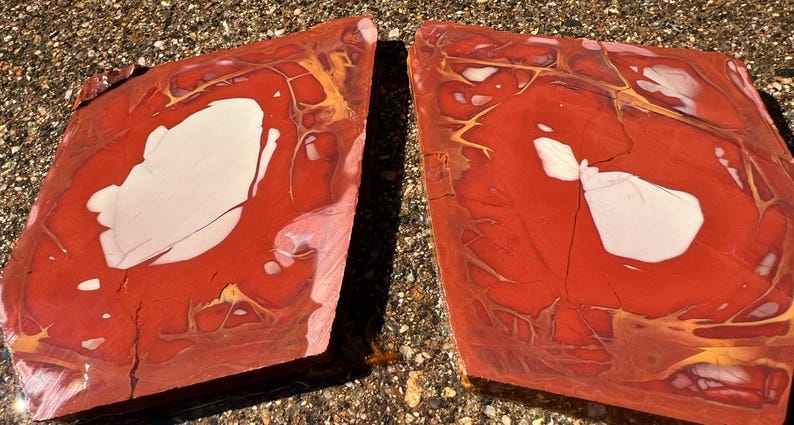 May include: Two polished, irregularly shaped stones. The stones are primarily red with white and gold veining and patterns. The stones have a natural, organic appearance, with visible cracks and variations in color. The overall aesthetic is earthy and unique.