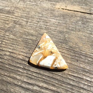 May include: A triangular shaped piece of agate with brown, white, and black markings. The agate is sitting on a wooden surface.