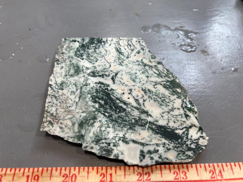 May include: A rough-cut stone slab with a marbled pattern of white and dark green. The stone is irregularly shaped and lies on a gray surface. A wooden ruler with inch markings is at the bottom.