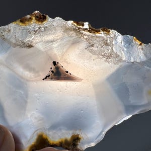May include: A translucent, irregularly shaped stone with a light background and a dark, triangular inclusion. The edges are a mix of clear and brown. The stone's surface has a smooth texture, and it appears to be backlit.