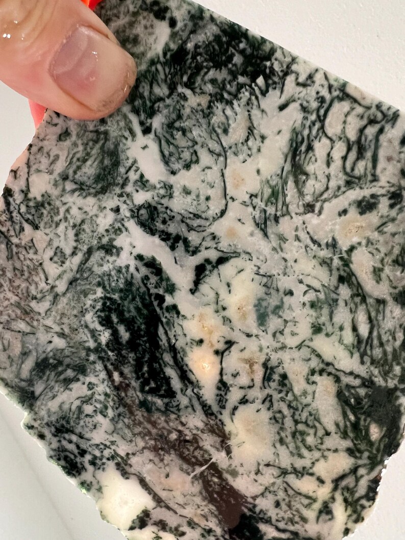 May include: A close-up of a polished stone slab with a natural pattern. The stone features a mix of white, cream, and dark green colors, creating a marbled effect. The edges are rough, and the overall shape is irregular.