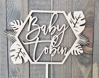 Custom Baby Name Cake Topper: Tropische Monstera Blätter, Laser geschnitten Holz