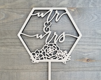 Floral Hexagon Mr & Mrs Cake Topper: Laser-Cut Holz Hochzeitsdeko