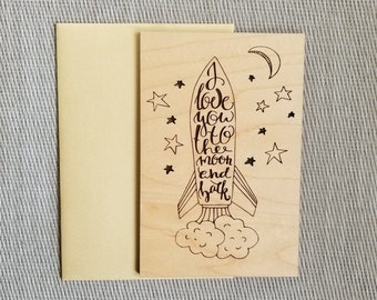 Wood Card Laser Cut Five Year Anniversary I Love You To The Moon and Back Laser Engraved Valentines Day Card Unique Gift