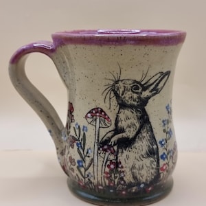 Handmade Rabbits in the mushrooms mug ceramic