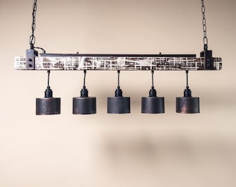 Lustre avec poutres en bois de récupération - Lampe industrielle d'îlot de ferme