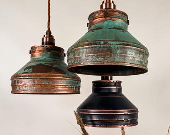 Lampada a sospensione in rame patinato industriale fatta a mano - Lampada da soffitto moderna e rustica