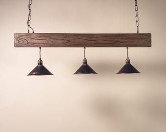 Faisceau lumineux en orme de récupération - Cuivre patiné, lustre industriel