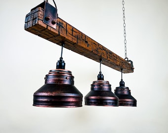 Suspension en bois - Lampe industrielle rustique, éclairage patiné fait main