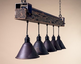 Lustre avec poutres en bois de récupération - Lampe industrielle d'îlot de ferme