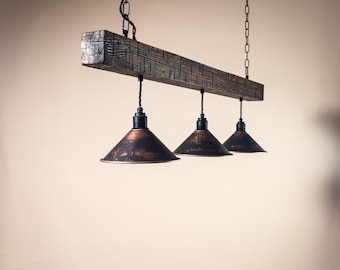 Lustre avec poutres en bois de récupération - Lampe industrielle d'îlot de ferme