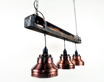 Suspension en bois - Lampe industrielle patinée minimaliste | Luminaire rustique fait main