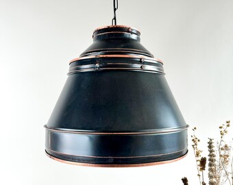 Lampe à suspension industrielle en cuivre patiné, lustre de ferme rustique