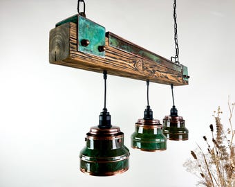 Lampe à suspension de ferme rustique - Lampe à poutres apparentes en cuivre patiné, éclairage industriel fait main