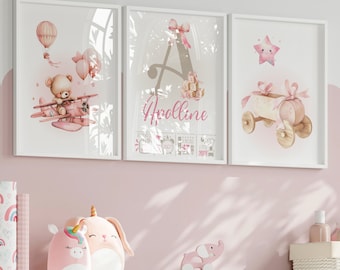 Lot 3 affiches personnalisées. Décoration chambre enfant ourse et jouets anciens. Cadeau de naissance. Cadeau baptême (LIVRÉ SANS CADRE)