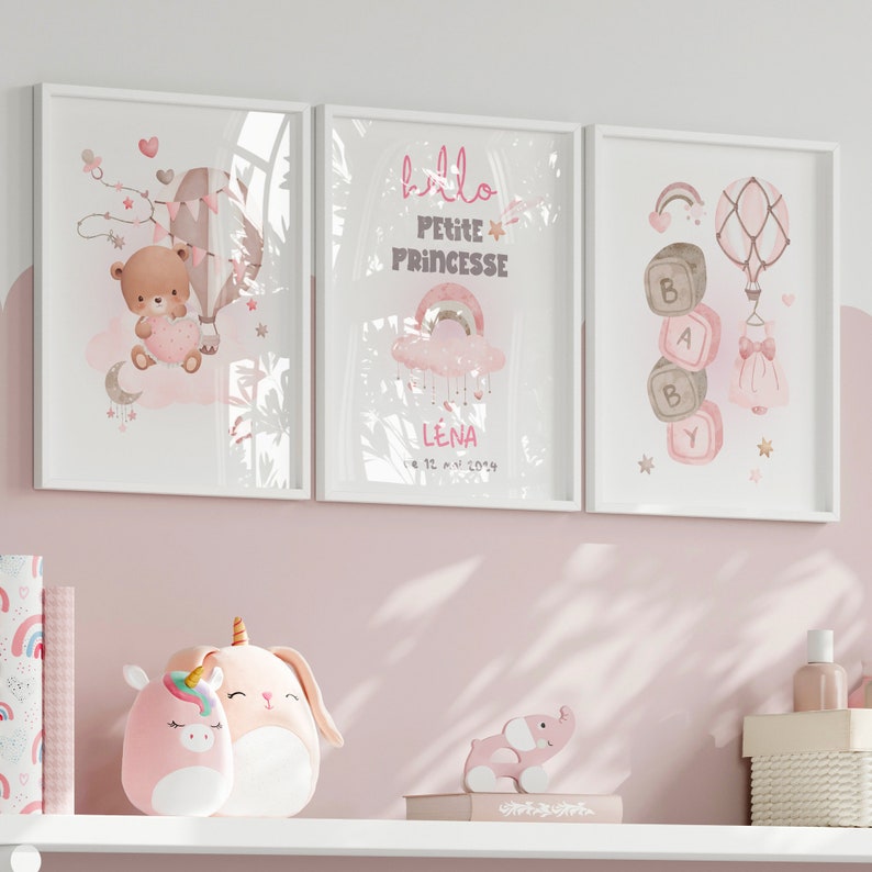 Décoration chambre enfant tons rose. 3 affiches personnalisées prénom. Cadeau de naissance. Idée cadeau enfant, baptême LIVRÉ SANS CADRE image 6