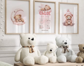 Cadeau de naissance fille. Lot 3 affiches personnalisées. Décoration Chambre Bebe, décoration ours. Cadeau baptême. (LIVRÉ SANS CADRE)