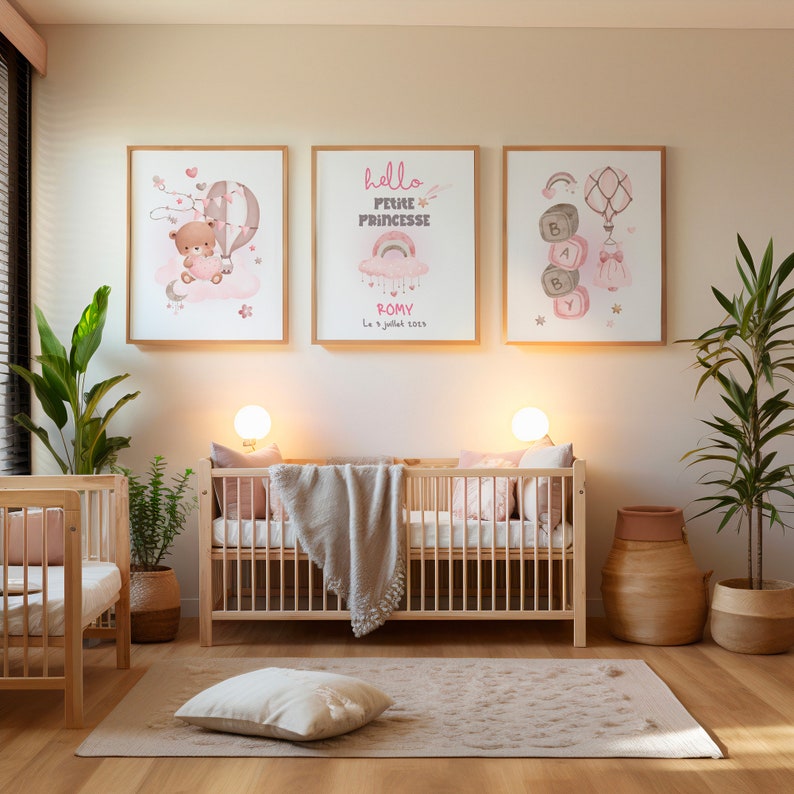 Décoration chambre enfant tons rose. 3 affiches personnalisées prénom. Cadeau de naissance. Idée cadeau enfant, baptême LIVRÉ SANS CADRE image 5