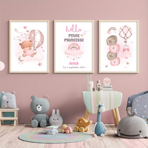 Décoration chambre enfant tons rose. 3 affiches personnalisées prénom. Cadeau de naissance. Idée cadeau enfant, baptême LIVRÉ SANS CADRE image 1