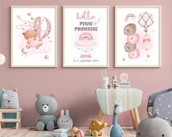 Décoration chambre enfant tons rose. 3 affiches personnalisées prénom. Cadeau de naissance. Idée cadeau enfant, baptême (LIVRÉ SANS CADRE)