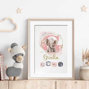 Décoration Chambre enfant | affiche personnalisée. Prénom, poids, date... | Cadeau de naissance | baptême Animal au choix | LIVRÉ SANS CADRE