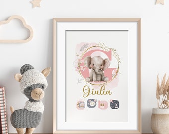 Décoration Chambre enfant | affiche personnalisée. Prénom, poids, date... | Cadeau de naissance | baptême Animal au choix | LIVRÉ SANS CADRE