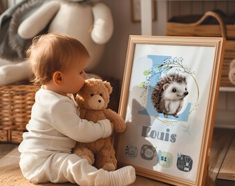 Décoration Chambre enfant | affiche personnalisée. Prénom, poids, date... | Cadeau de naissance | baptême Animal au choix (LIVRÉ SANS CADRE)