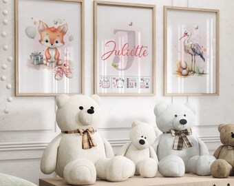 Lot 3 affiches personnalisées. Décoration Chambre Bebe, enfant et animaux. Cadeau baptême bébé. Idée cadeau de naissance.(LIVRÉ SANS CADRE)