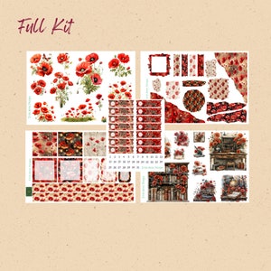 May include: A full kit of planner stickers featuring a red poppy flower theme. The kit includes a variety of stickers, including floral designs, numbers, days of the week, and a calendar. The stickers are perfect for adding a touch of whimsy and color to your planner.