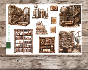 Steampunk bibliotheek deco planner stickers