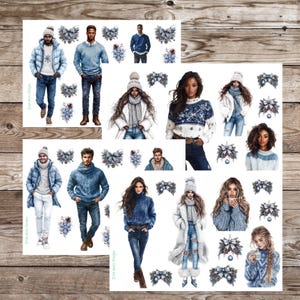 May include: Watercolor illustrations of people in winter clothing, including coats, sweaters, and jeans. The images feature men and women in various poses, with decorative elements like bows and snowflakes. The color palette is primarily blue, white, and gray.
