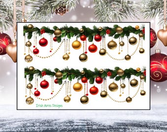 May include: Two rows of red and gold Christmas ornaments hanging from a garland of green leaves and gold beads. The text "Irish Acres Designs" is at the bottom of the image.