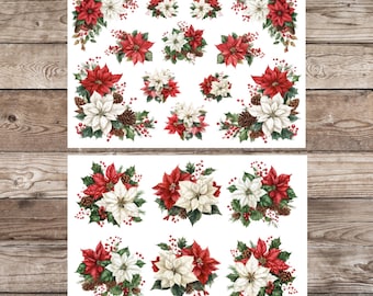 May include: Two sheets of Christmas-themed stickers featuring watercolor poinsettias in red and white, with green holly and pine cones. The stickers are arranged in various floral arrangements. The text "Irish Acres Designs" is at the bottom.