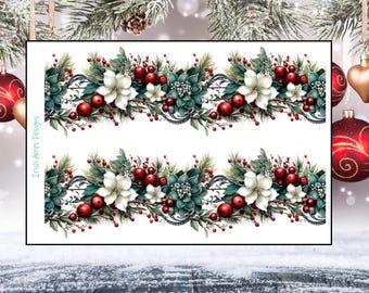 May include: Two rows of a white, green, and red floral garland with berries and leaves. The garland is on a white background.