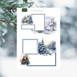 May include: A white paper with winter-themed watercolor illustrations and text. The illustrations depict snowy landscapes, a cozy cabin, and a woman in a winter hat. The text reads "Irish Acres Designs".