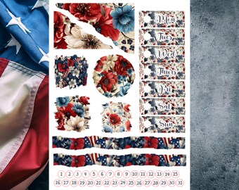Red, White, and Blue Floral Journaling Planner Stickers