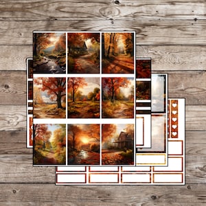 May include: A set of printable planner stickers featuring autumnal scenes. The stickers include images of trees, paths, and a cabin in the woods. The stickers are designed to be used in a planner or journal.